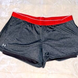 UNDER ARMOUR 🩳 2-in-1 GRAY/RED ATHLETIC SHORTS w/BUILT-IN COMPRESSION SHORT XXL